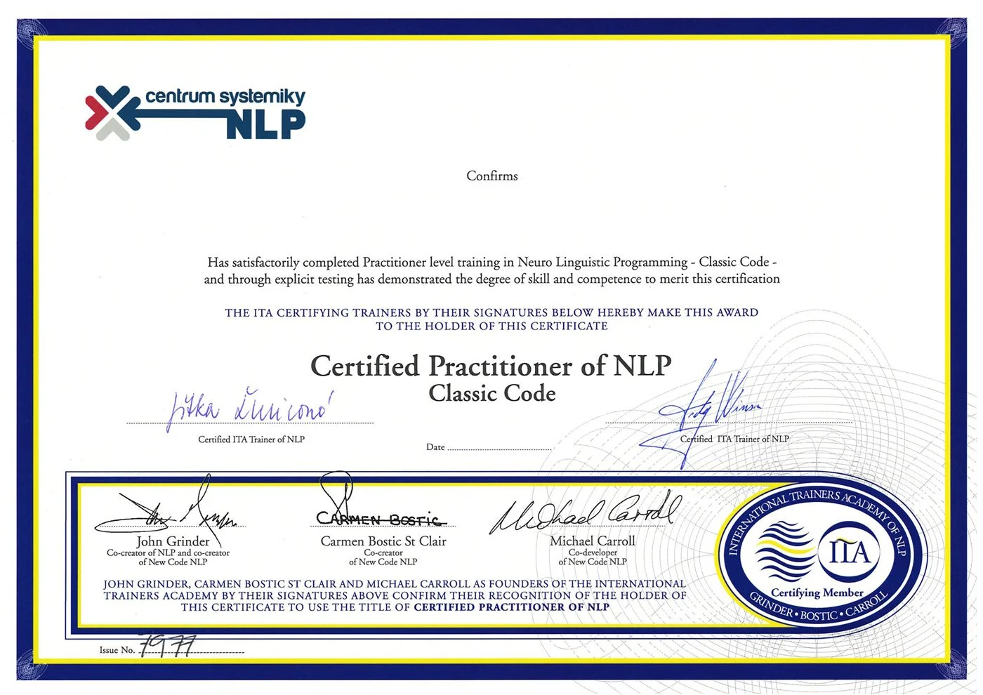 Certifikát NLP Practitioner ITCA NLP